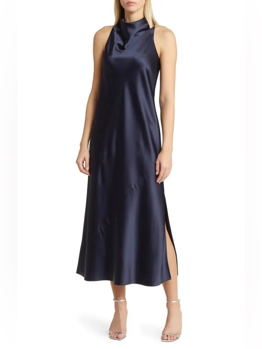 Anne Klein Sleeveless Navy Satin Cowl Neck Dress